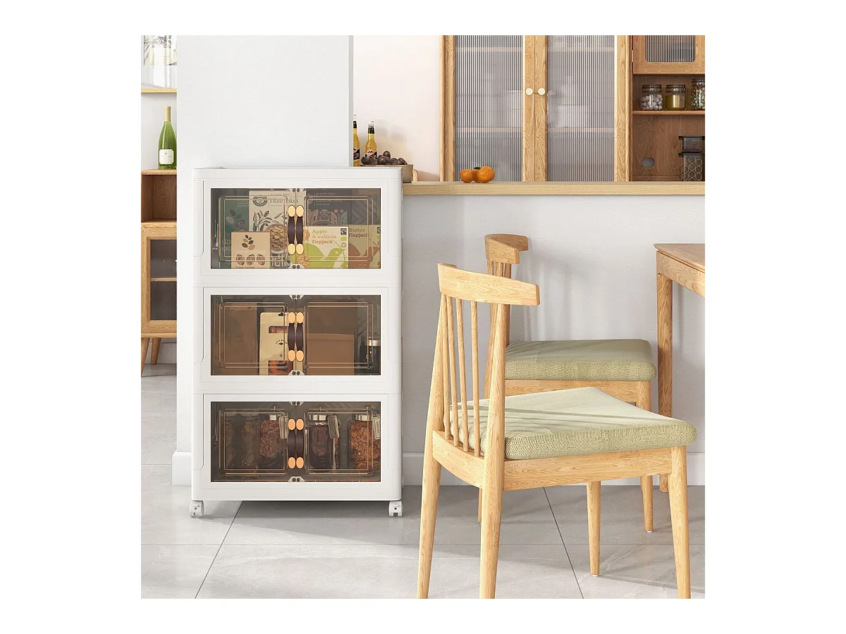 Armoire de Rangement à 3 Bacs Pliables et Empilables Roues Verrouillables Boîtes de Rangement Empilables pour Salon Chambre Blanc