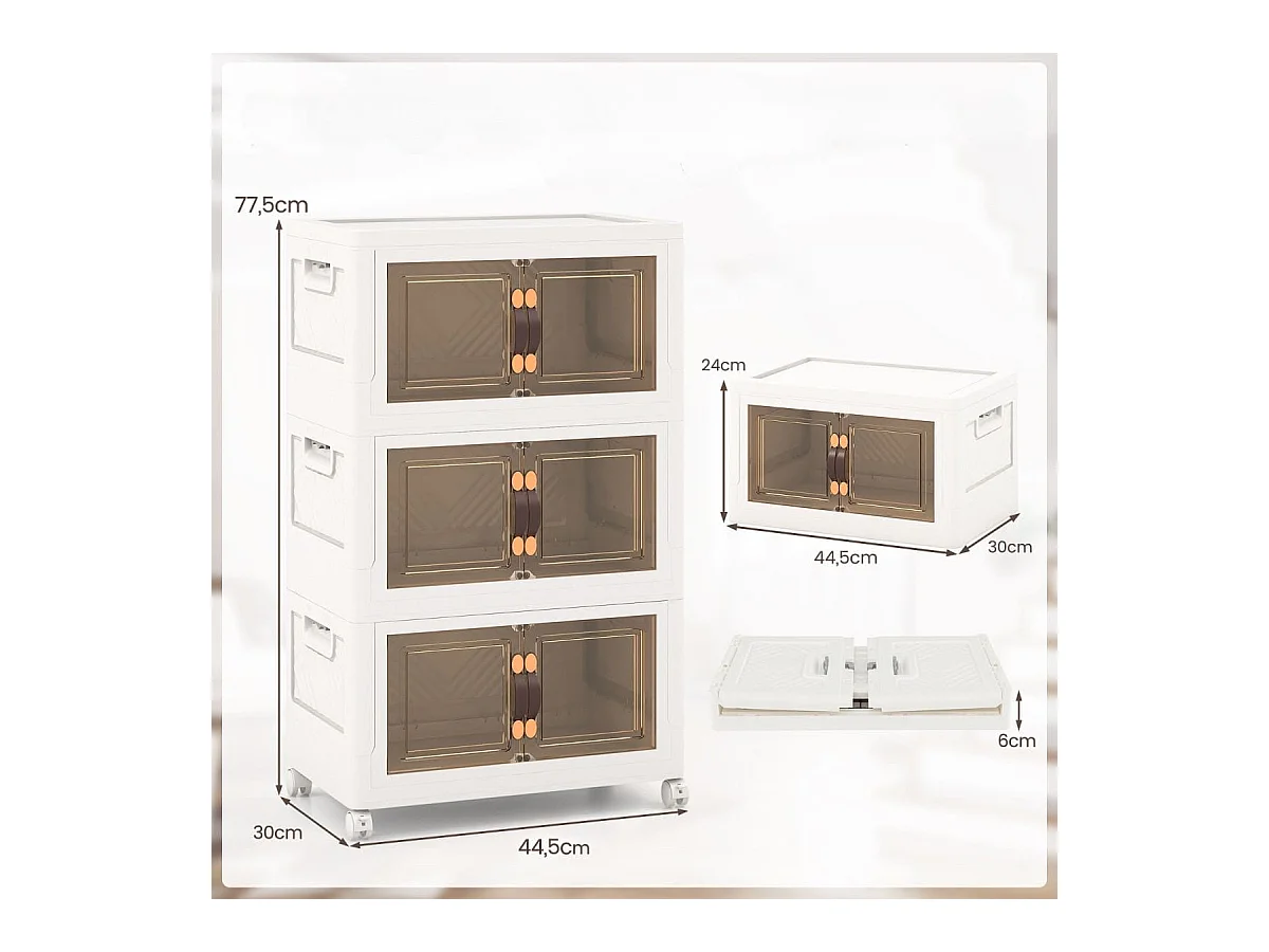 Armoire de Rangement à 3 Bacs Pliables et Empilables Roues Verrouillables Boîtes de Rangement Empilables pour Salon Chambre Blanc