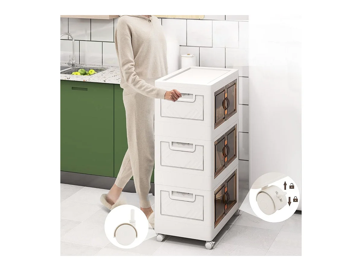 Armoire de Rangement à 3 Bacs Pliables et Empilables Roues Verrouillables Boîtes de Rangement Empilables pour Salon Chambre Blanc