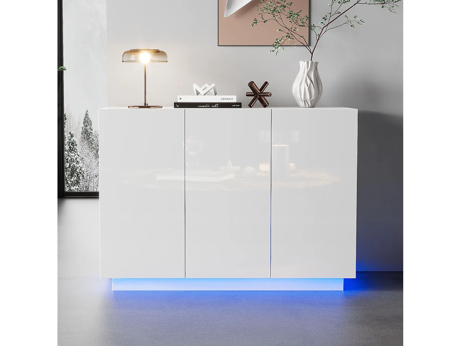 Buffet 120x40x75 cm avce LED en 3 portes meuble de rangement en bois - blanc