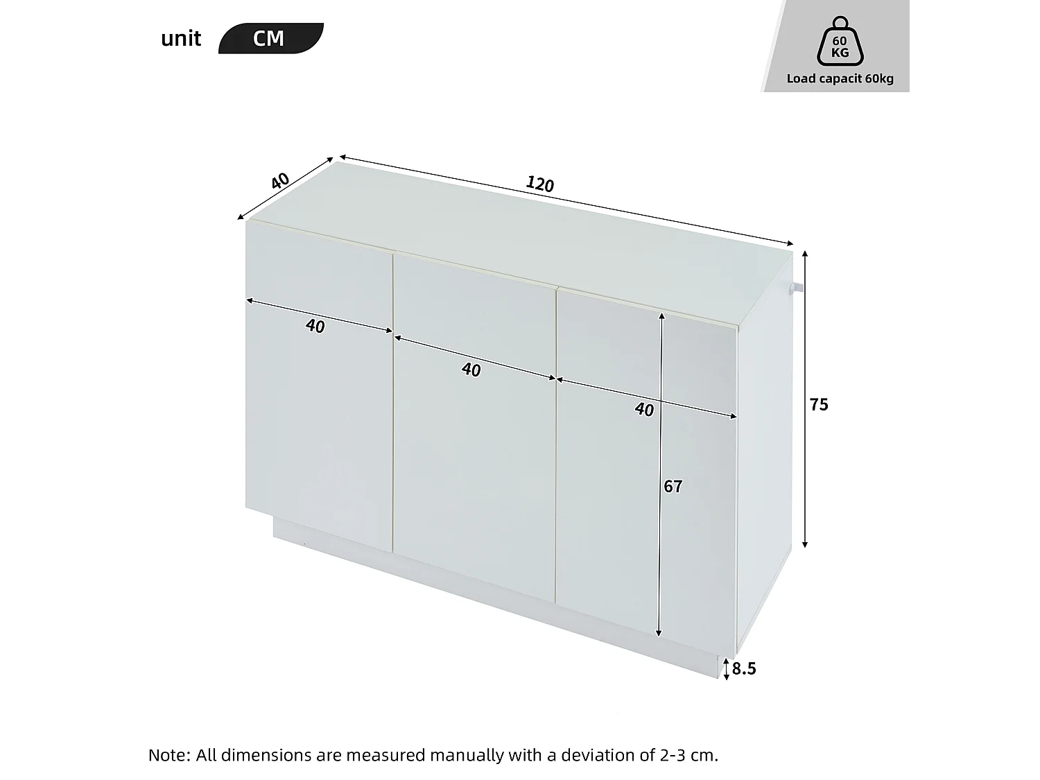 Buffet 120x40x75 cm avce LED en 3 portes meuble de rangement en bois - blanc