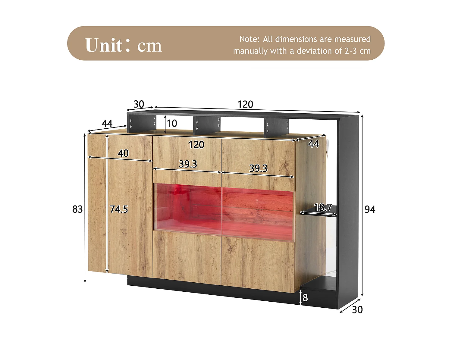 Buffet 140x44x94 cm LED 3 portes et verre décoratif - meuble de rangement en bois - marron