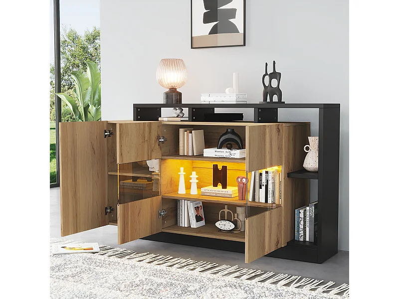 LED eetkamer dressoir met 3 deuren en decoratief glas - houten opbergmeubel - bruin (140x44x94 cm)