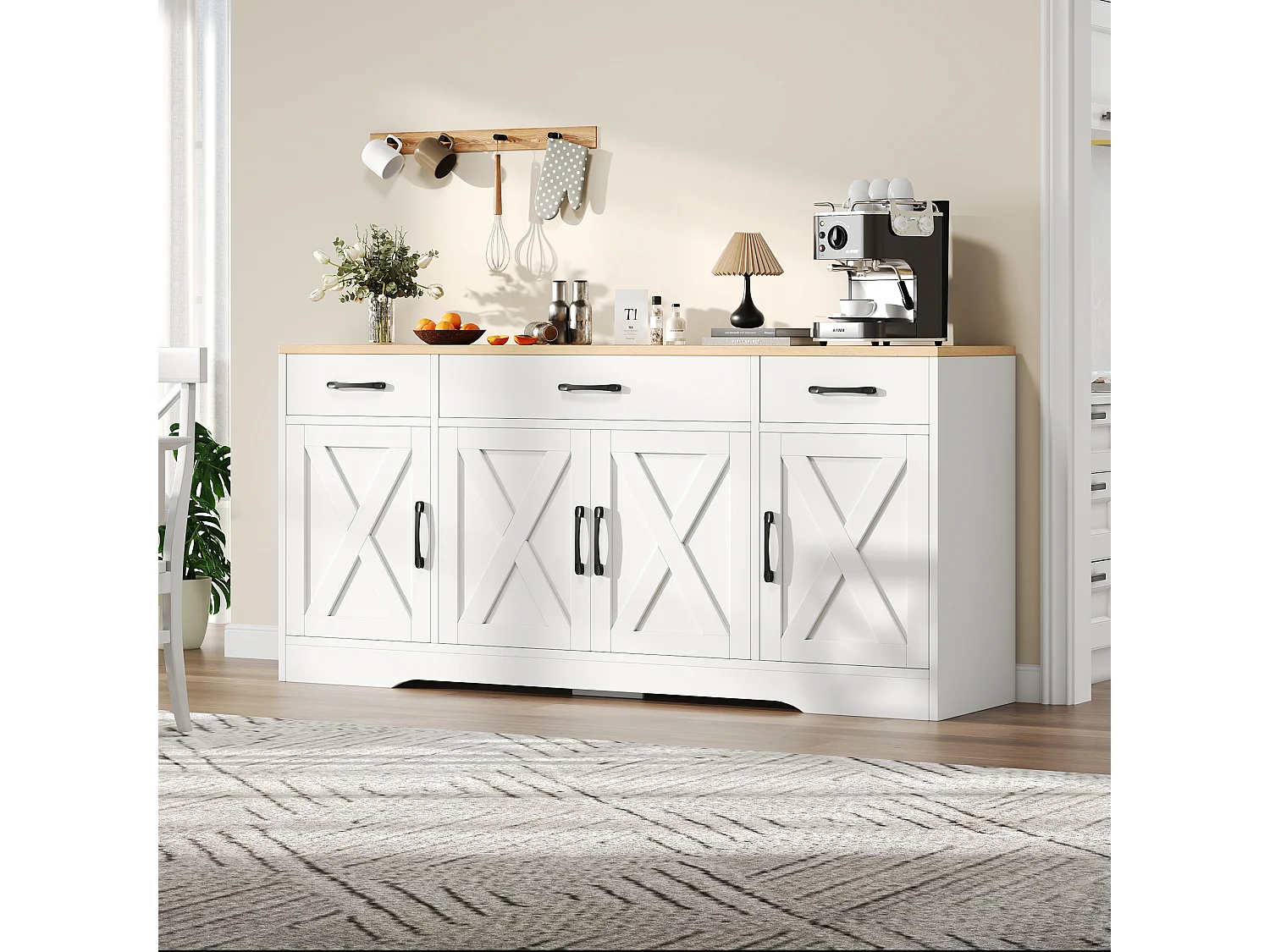 Buffet 160x37x75 cm 4 portes 3 tiroirs meuble de rangement en bois - blanc