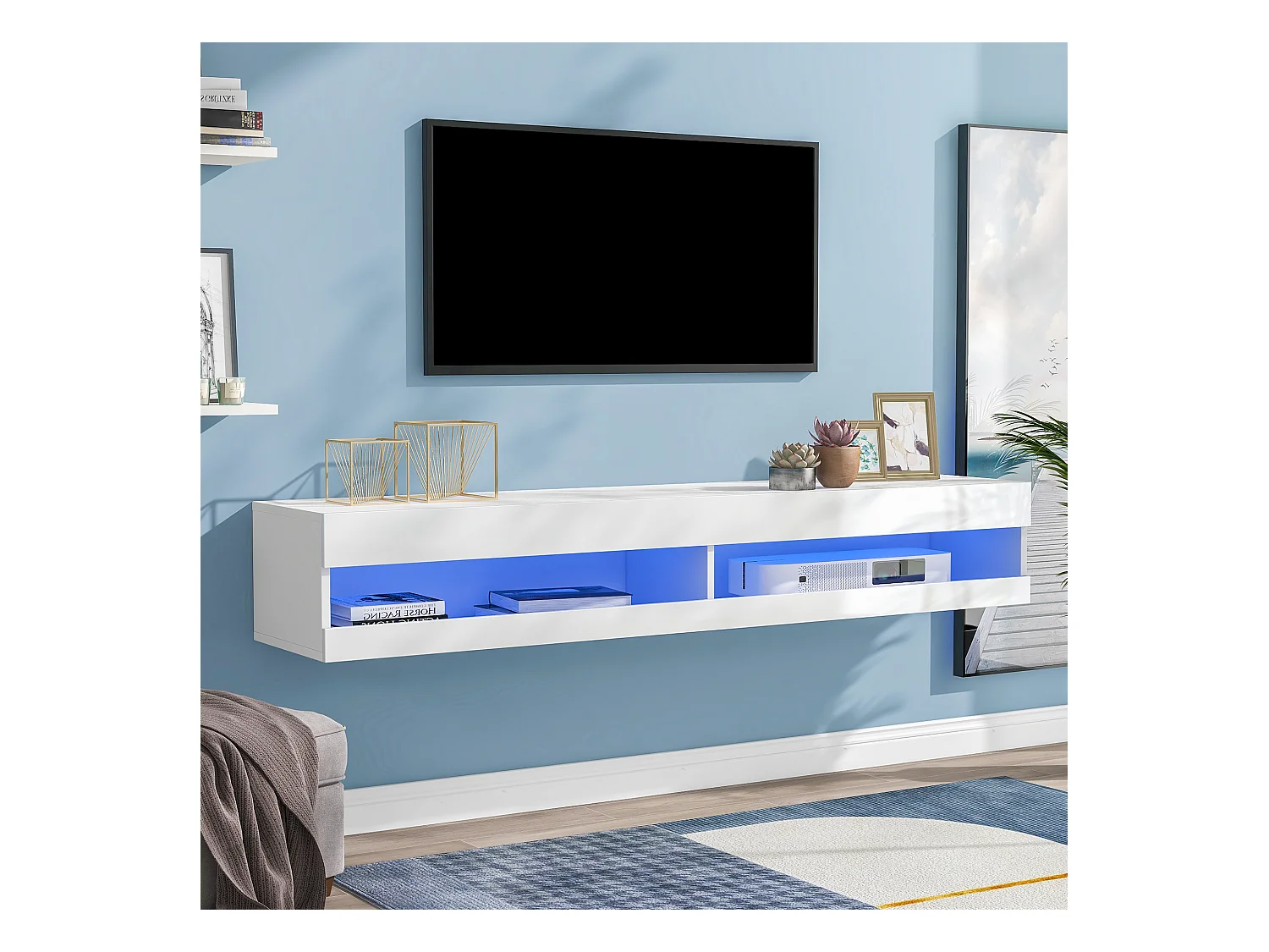 Meuble TV suspendu LED salon meuble rangement ouvert en bois - blanc (140x40x30.5 cm)