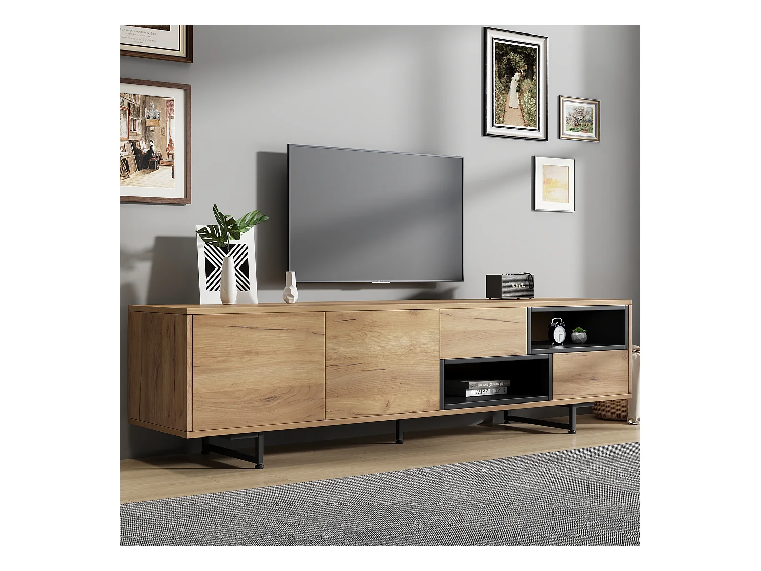 Bruine tv-kast met 2 deuren en 2 lades - open houten opbergmeubel (173x38x48 cm)