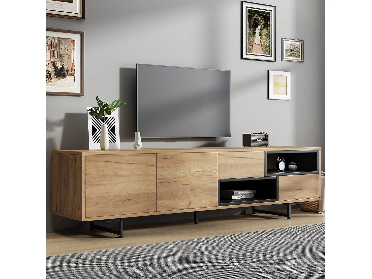 Bruine tv-kast met 2 deuren en 2 lades - open houten opbergmeubel (173x38x48 cm)