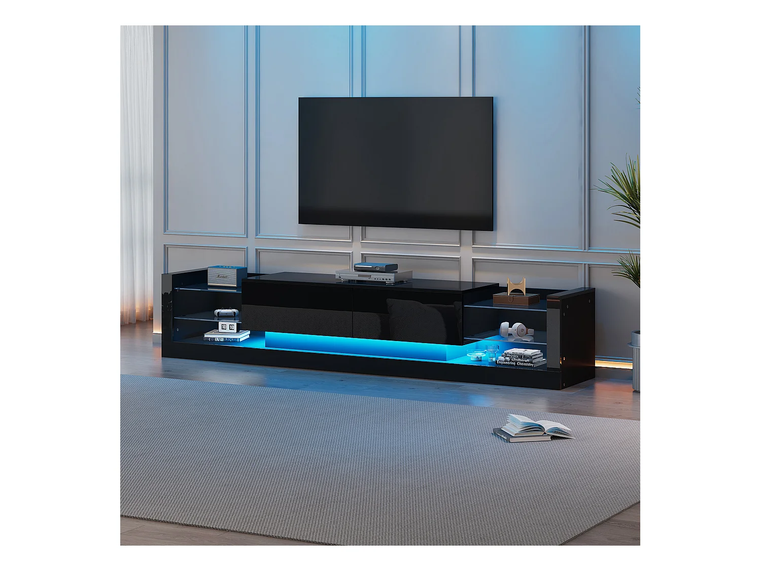 Meuble TV 181x38x38 cm avec lumières LED avec 2 portes battantes et étagères en verre - noir
