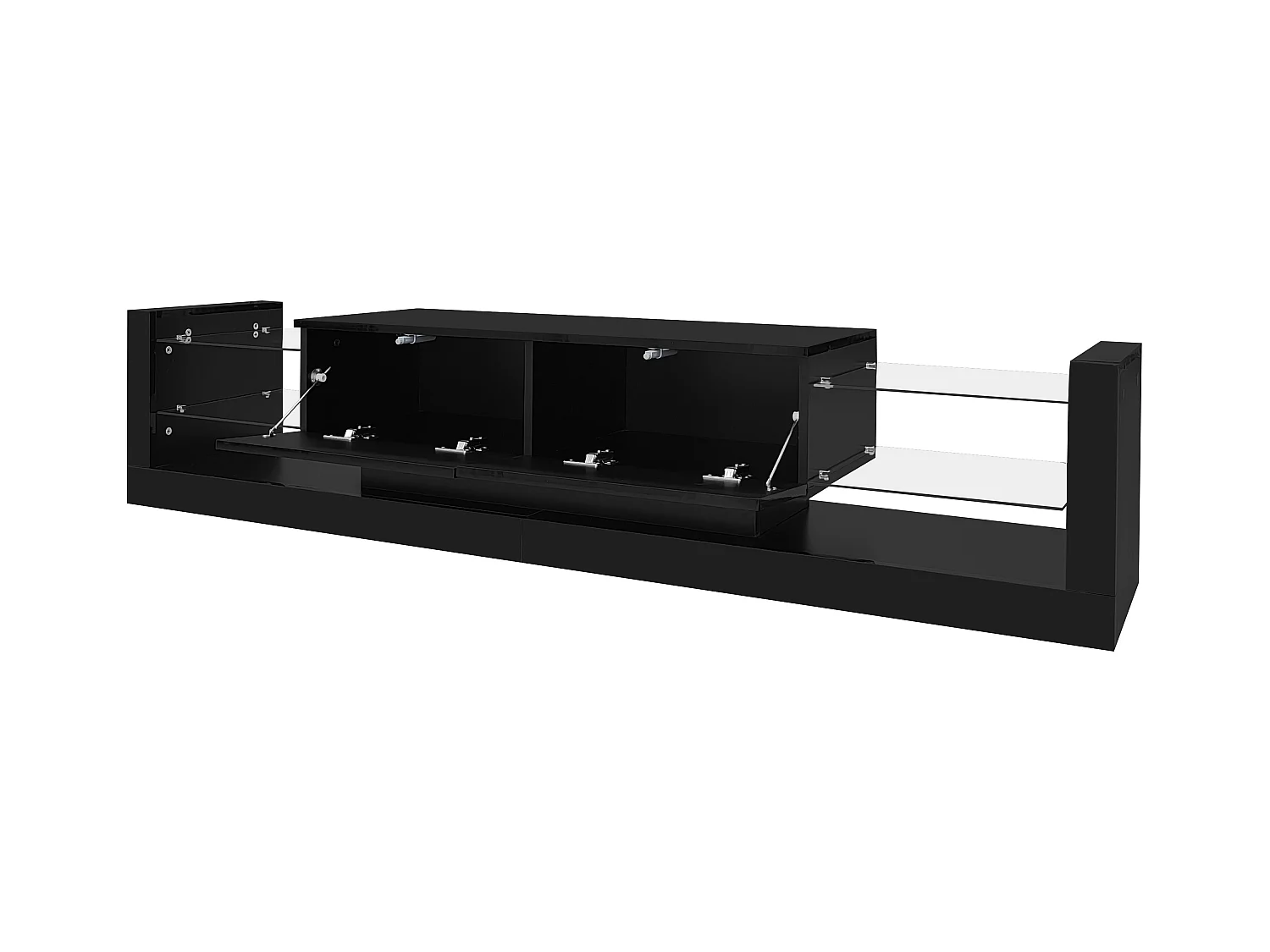 Meuble TV 181x38x38 cm avec lumières LED avec 2 portes battantes et étagères en verre - noir