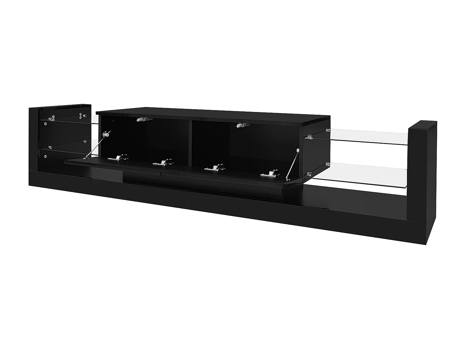 Meuble TV 181x38x38 cm avec lumières LED avec 2 portes battantes et étagères en verre - noir