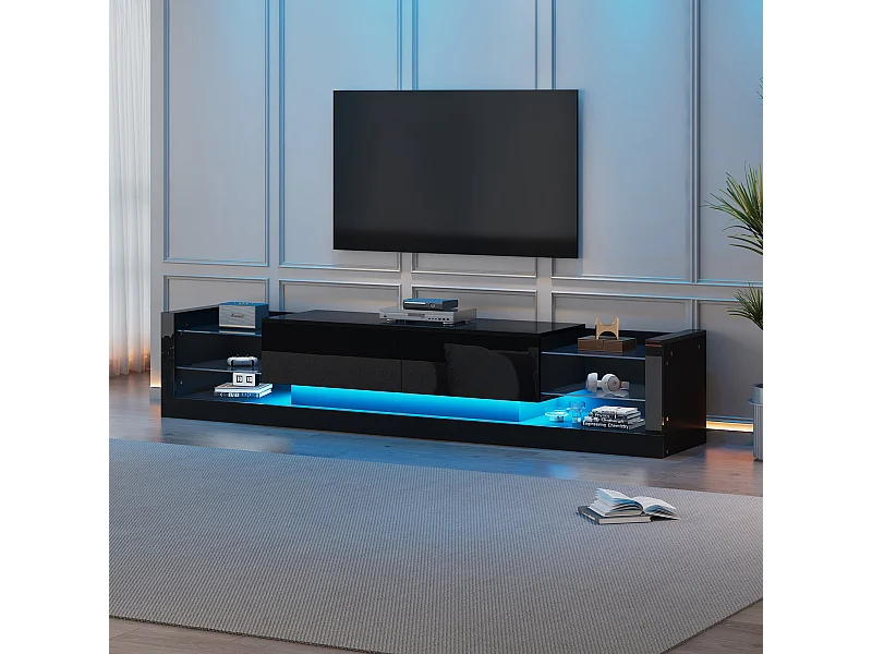 Woonkamer LED TV-meubel met 2 klapdeuren en glazen planken - open houten opbergmeubel - zwart (181x38x38 cm)