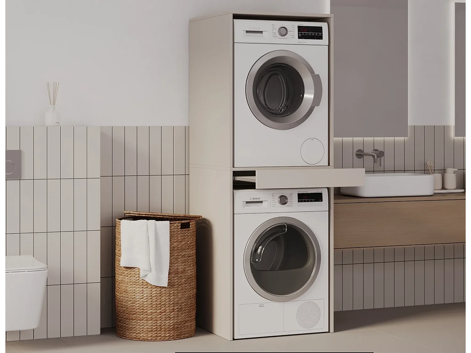 Schrank für Waschmaschine und Trockner mit ausziehbarem Regal • Aufbewahrungsschrank für Waschmaschine und Trockner • Oberschrank 187 x 65 x 66 cm