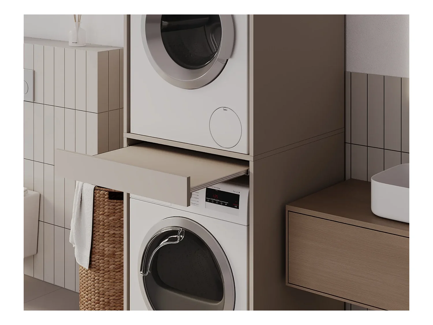 Schrank für Waschmaschine und Trockner mit ausziehbarem Regal • Aufbewahrungsschrank für Waschmaschine und Trockner • Oberschrank 187 x 65 x 66 cm