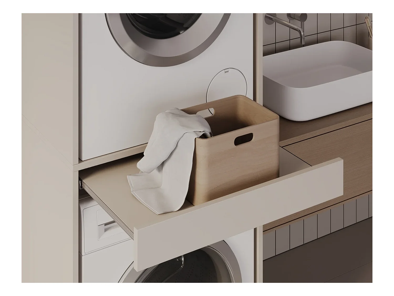 Schrank für Waschmaschine und Trockner mit ausziehbarem Regal • Aufbewahrungsschrank für Waschmaschine und Trockner • Oberschrank 187 x 65 x 66 cm