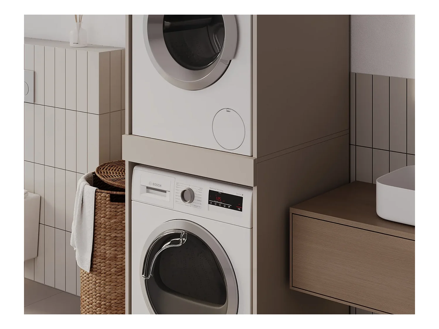 Schrank für Waschmaschine und Trockner mit ausziehbarem Regal • Aufbewahrungsschrank für Waschmaschine und Trockner • Oberschrank 187 x 65 x 66 cm