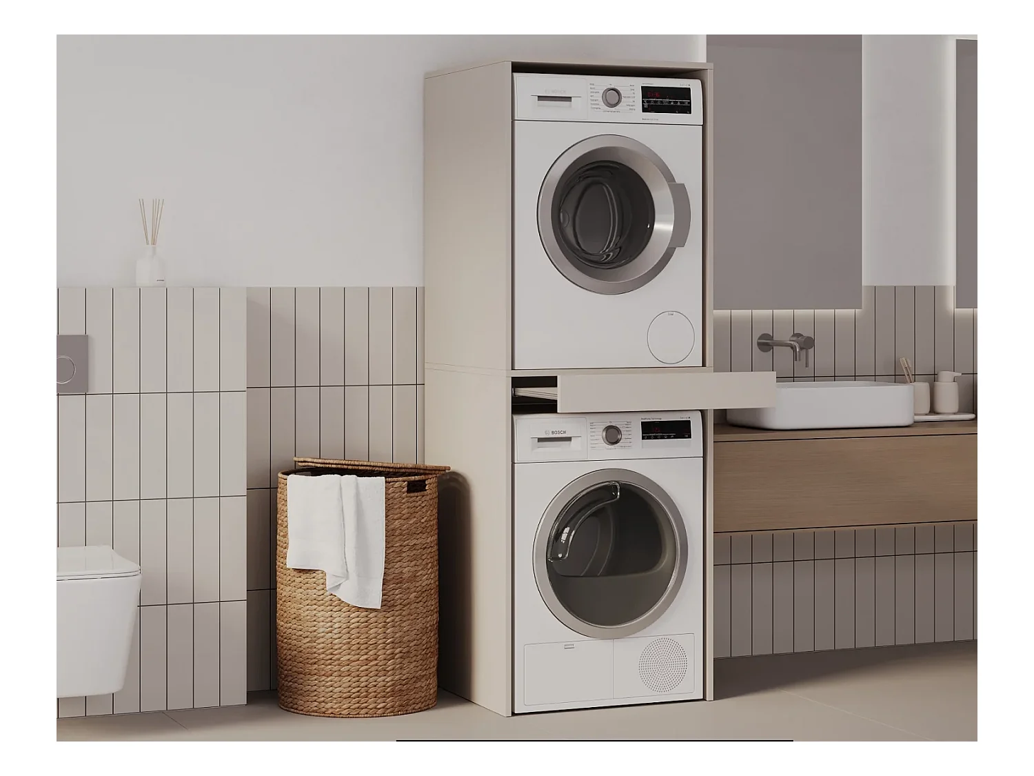 Armoire pour machine à laver et sèche-linge avec tablette coulissante • Meuble de rangement pour lave-linge et sèche-linge • Armoire de surplomb 187 x 65 x 66 cm