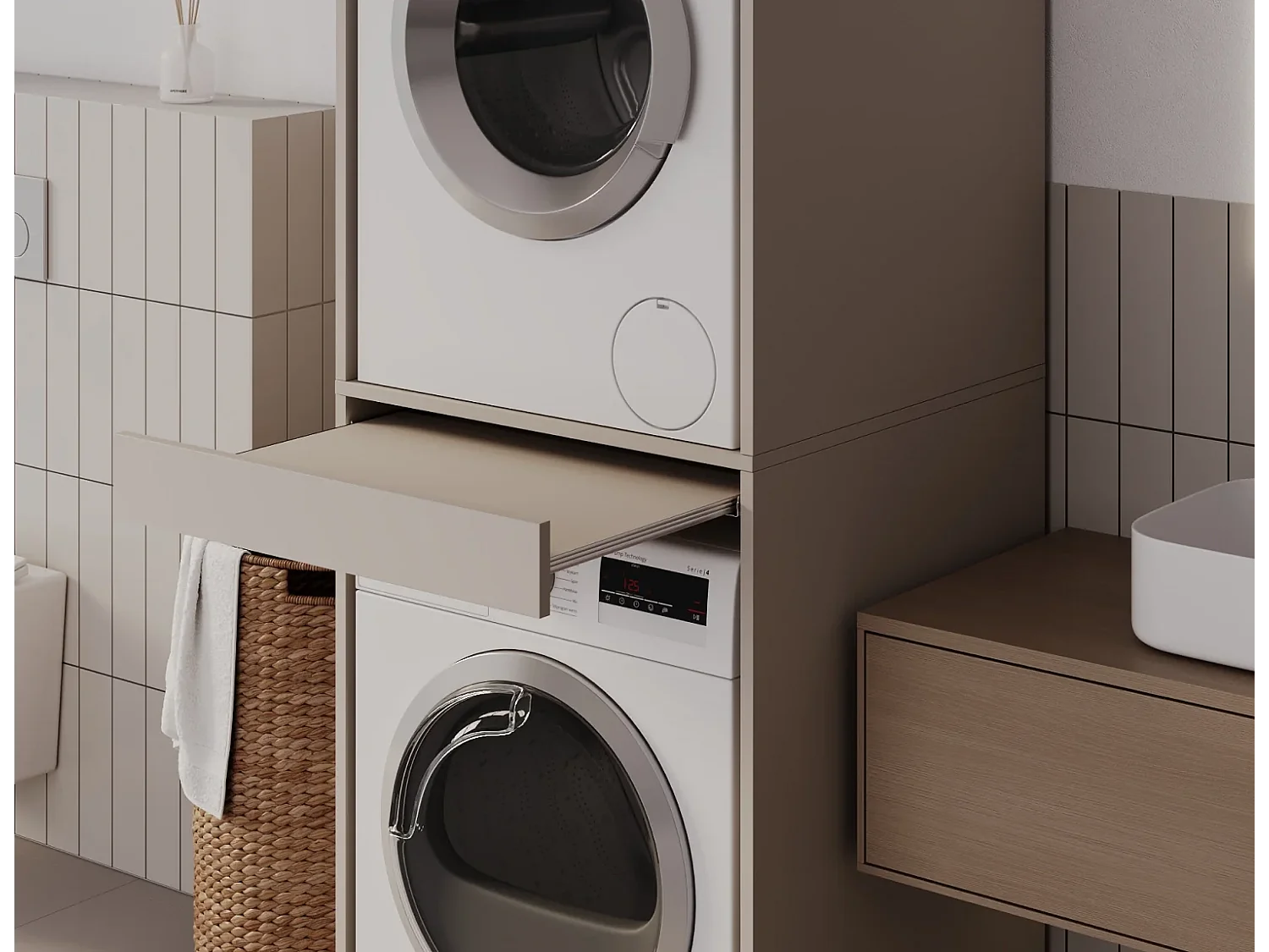 Armoire pour machine à laver et sèche-linge avec tablette coulissante • Meuble de rangement pour lave-linge et sèche-linge • Armoire de surplomb 187 x 65 x 66 cm