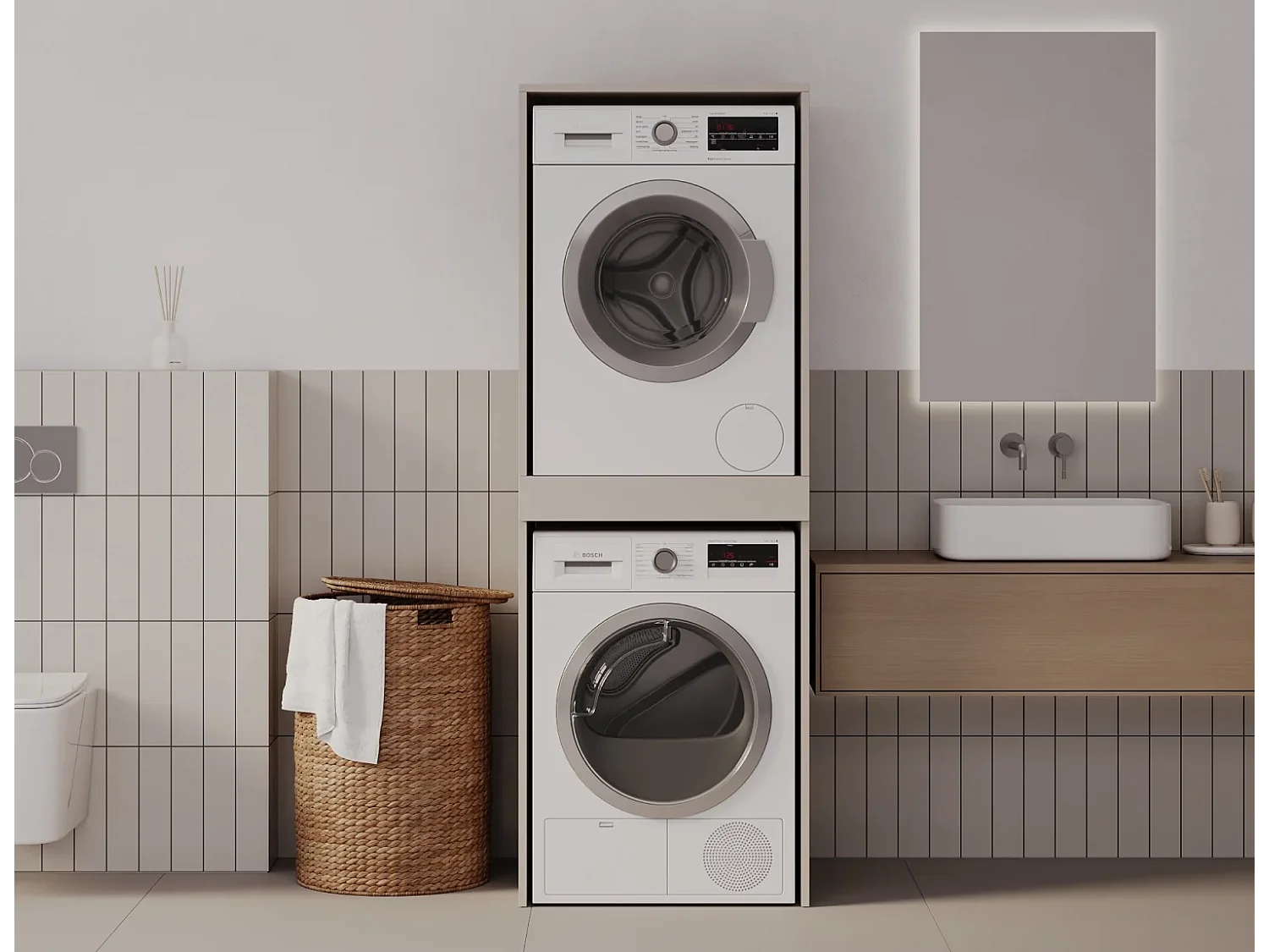 Armoire pour machine à laver et sèche-linge avec tablette coulissante • Meuble de rangement pour lave-linge et sèche-linge • Armoire de surplomb 187 x 65 x 66 cm