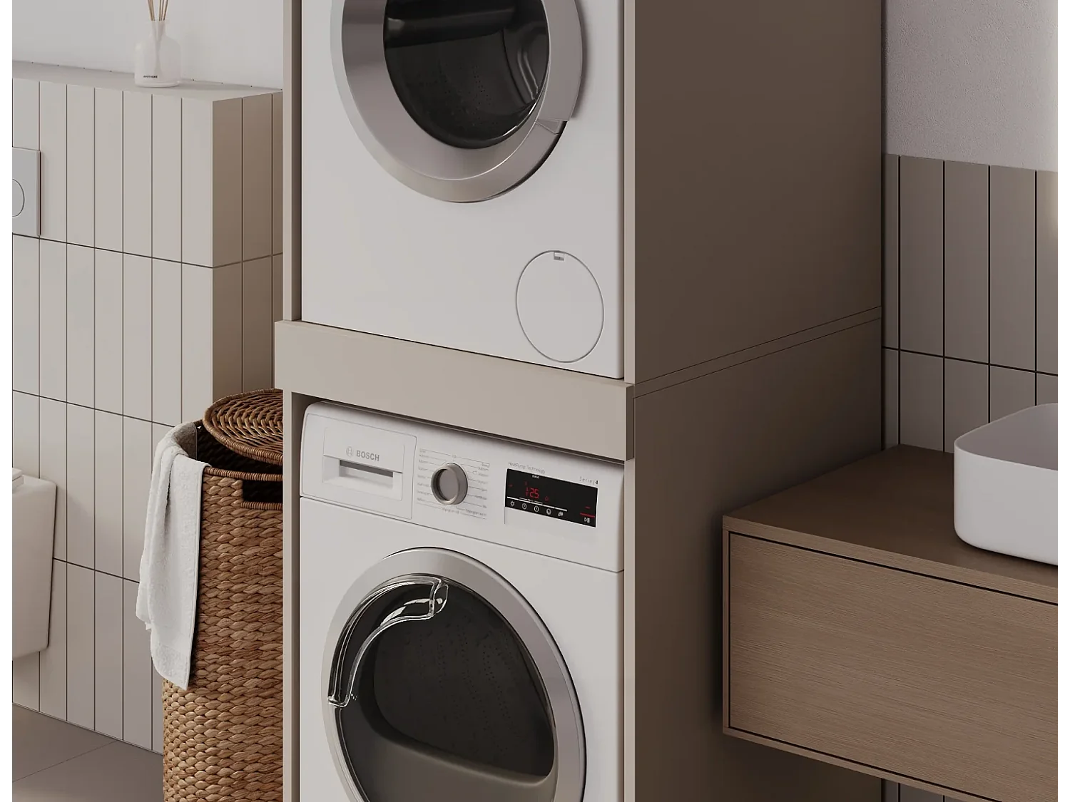 Armoire pour machine à laver et sèche-linge avec tablette coulissante • Meuble de rangement pour lave-linge et sèche-linge • Armoire de surplomb 187 x 65 x 66 cm