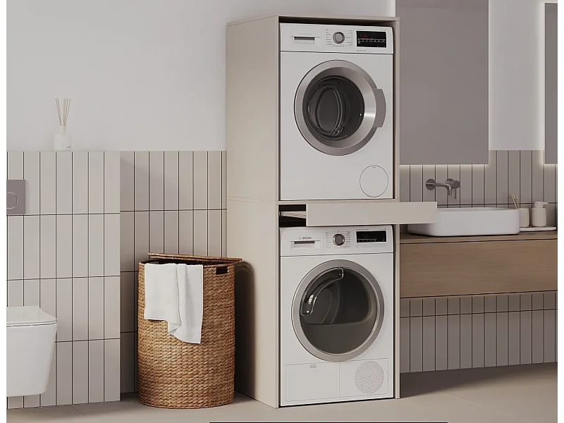 Kast voor wasmachine en droger met uittrekbaar schap • Opbergmeubel voor wasmachine en droger • Bovenkast 187 x 65 x 66 cm