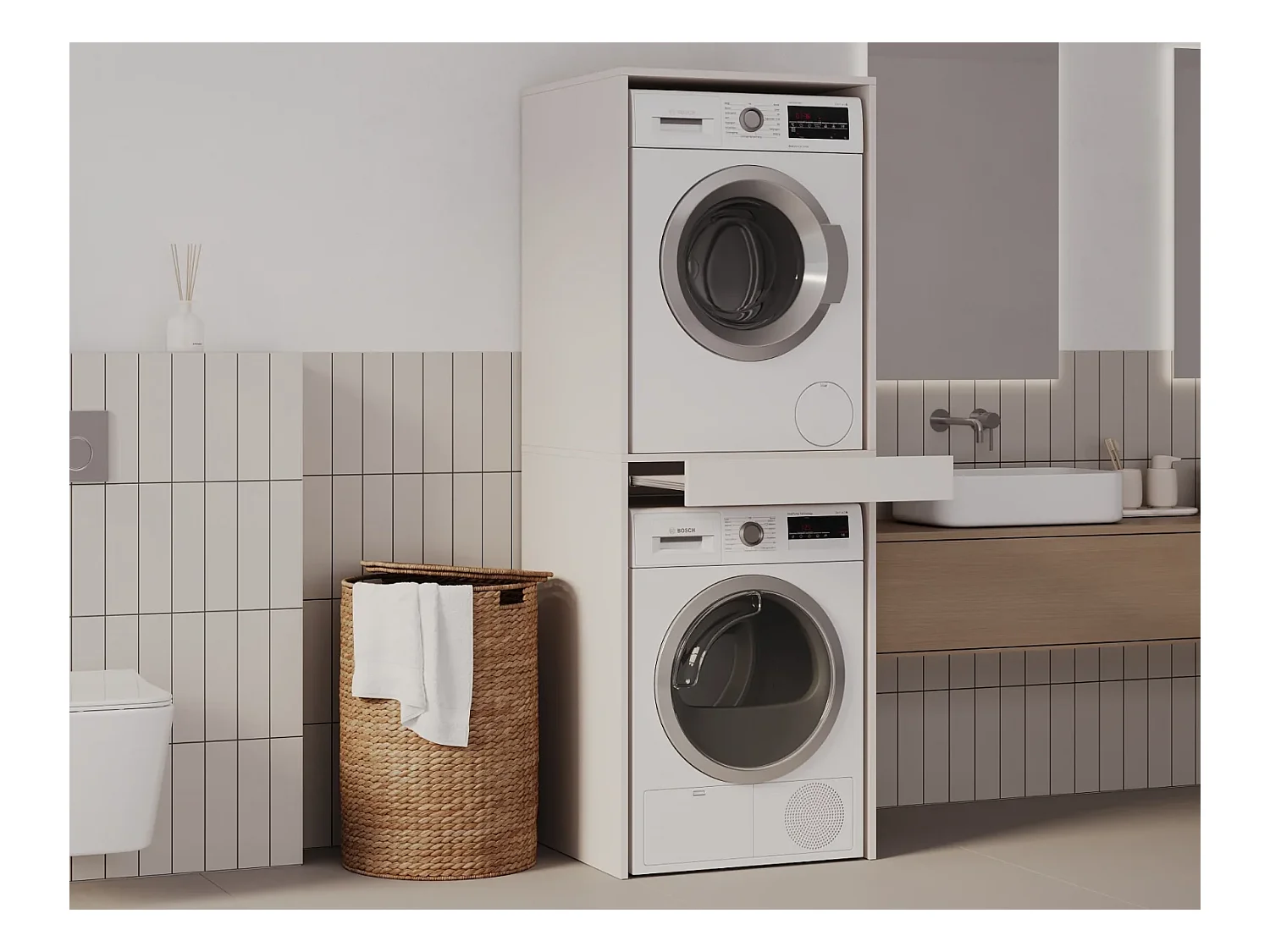 Schrank für Waschmaschine und Trockner mit ausziehbarem Regal • Aufbewahrungsschrank für Waschmaschine und Trockner • Oberschrank 187 x 65 x 66 cm