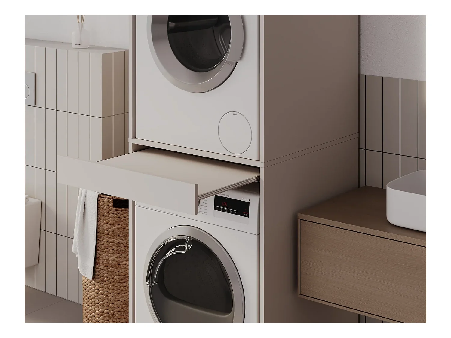 Schrank für Waschmaschine und Trockner mit ausziehbarem Regal • Aufbewahrungsschrank für Waschmaschine und Trockner • Oberschrank 187 x 65 x 66 cm