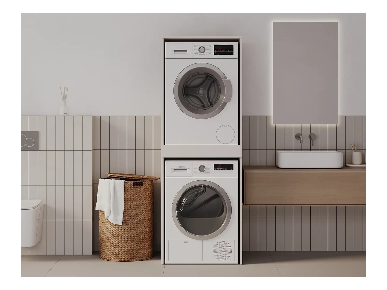 Schrank für Waschmaschine und Trockner mit ausziehbarem Regal • Aufbewahrungsschrank für Waschmaschine und Trockner • Oberschrank 187 x 65 x 66 cm