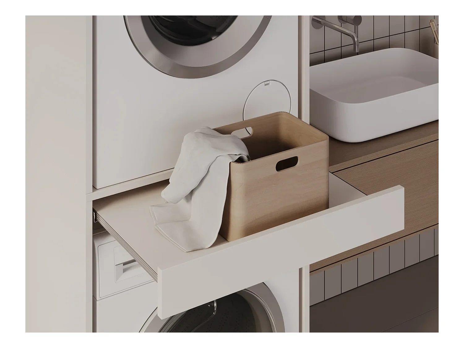 Schrank für Waschmaschine und Trockner mit ausziehbarem Regal • Aufbewahrungsschrank für Waschmaschine und Trockner • Oberschrank 187 x 65 x 66 cm