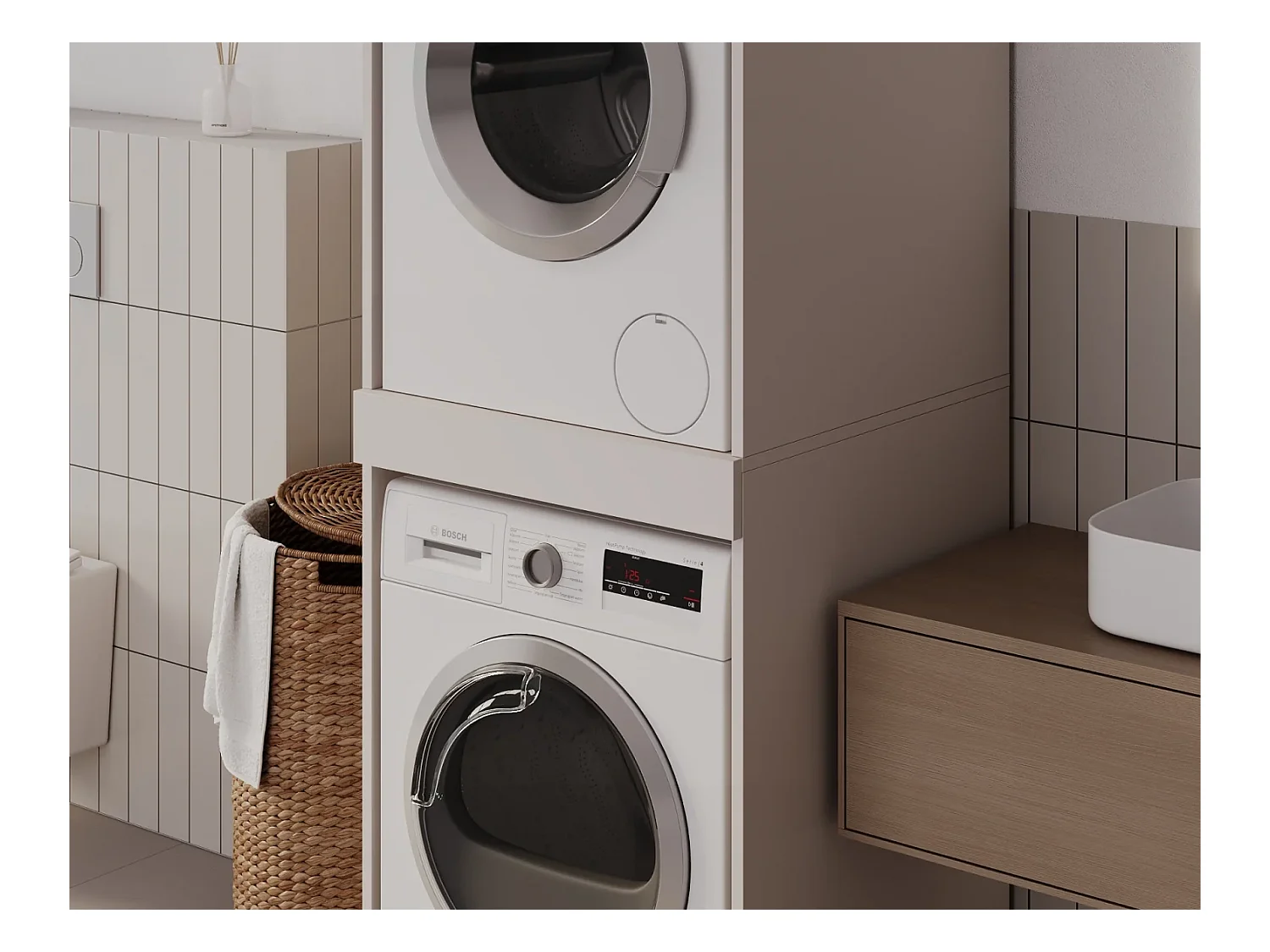 Schrank für Waschmaschine und Trockner mit ausziehbarem Regal • Aufbewahrungsschrank für Waschmaschine und Trockner • Oberschrank 187 x 65 x 66 cm