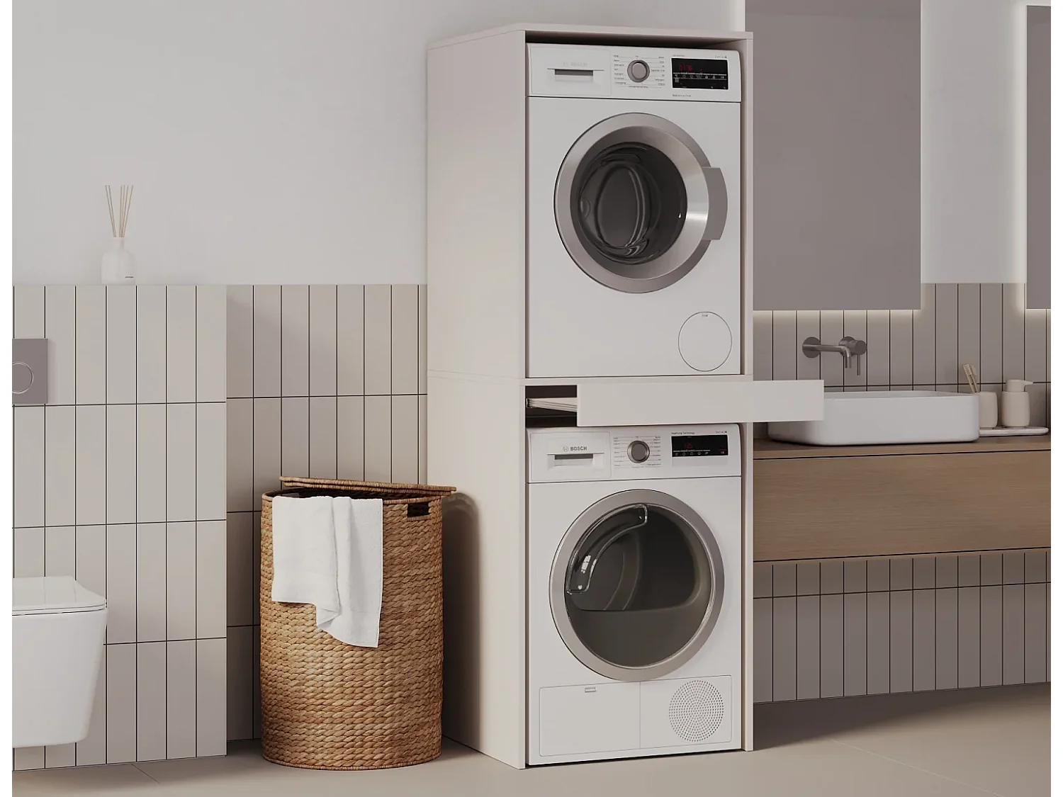 Armoire pour machine à laver et sèche-linge avec tablette coulissante • Meuble de rangement pour lave-linge et sèche-linge • Armoire de surplomb 187 x 65 x 66 cm