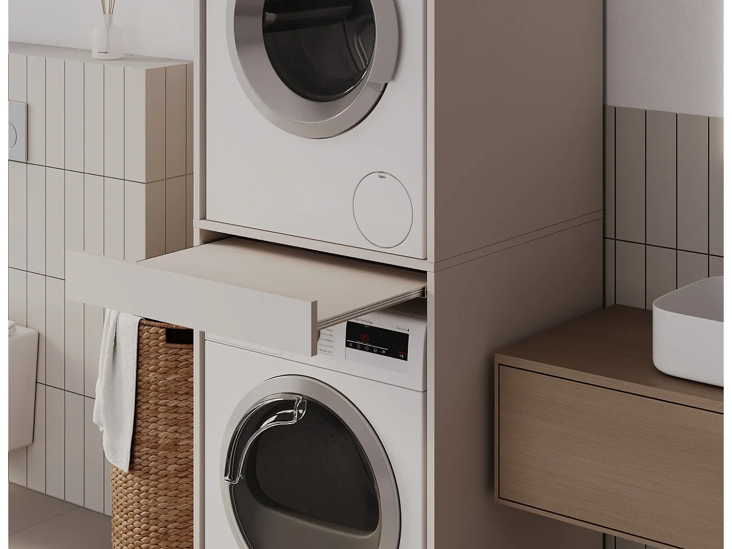 Armoire pour machine à laver et sèche-linge avec tablette coulissante • Meuble de rangement pour lave-linge et sèche-linge • Armoire de surplomb 187 x 65 x 66 cm