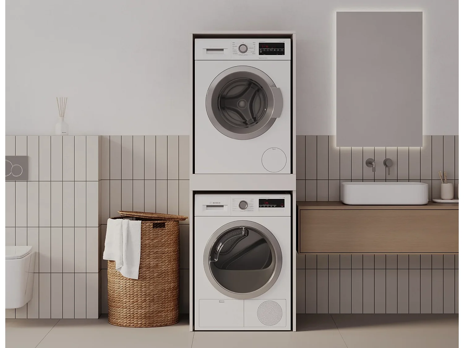 Armoire pour machine à laver et sèche-linge avec tablette coulissante • Meuble de rangement pour lave-linge et sèche-linge • Armoire de surplomb 187 x 65 x 66 cm