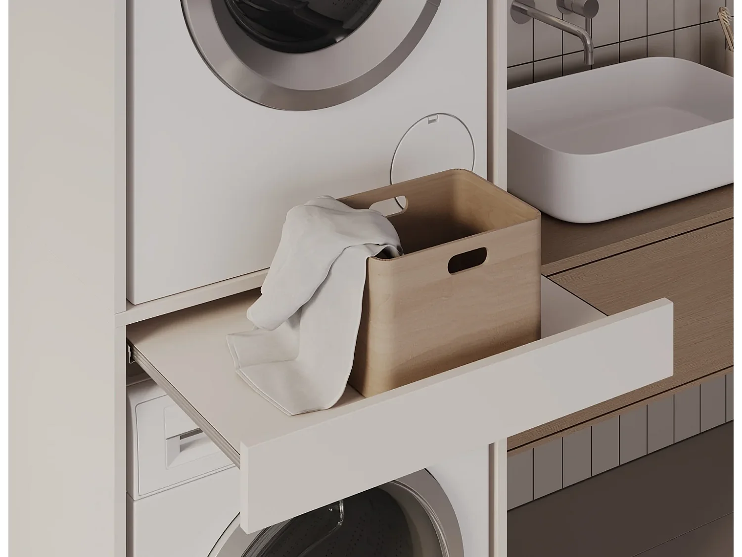 Armoire pour machine à laver et sèche-linge avec tablette coulissante • Meuble de rangement pour lave-linge et sèche-linge • Armoire de surplomb 187 x 65 x 66 cm