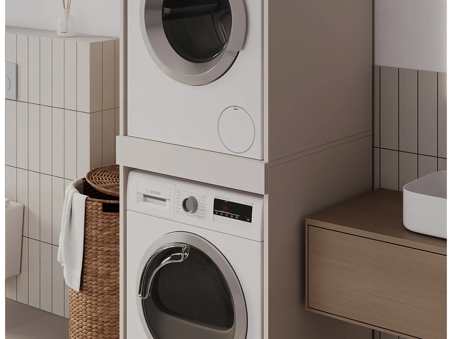 Armoire pour machine à laver et sèche-linge avec tablette coulissante • Meuble de rangement pour lave-linge et sèche-linge • Armoire de surplomb 187 x 65 x 66 cm