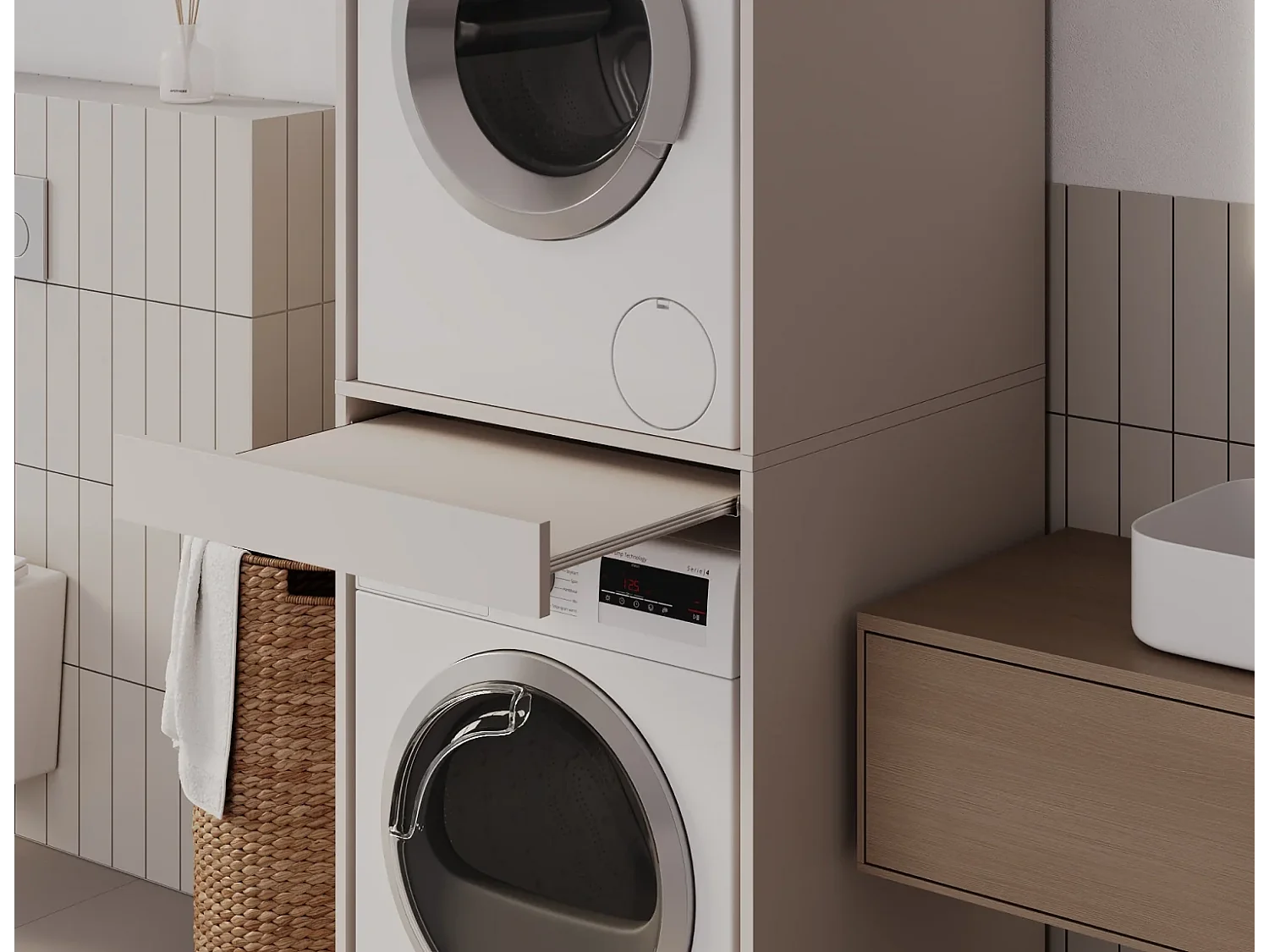 Armoire pour machine à laver et sèche-linge avec tablette coulissante • Meuble de rangement pour lave-linge et sèche-linge • Armoire de surplomb 187 x 65 x 66 cm