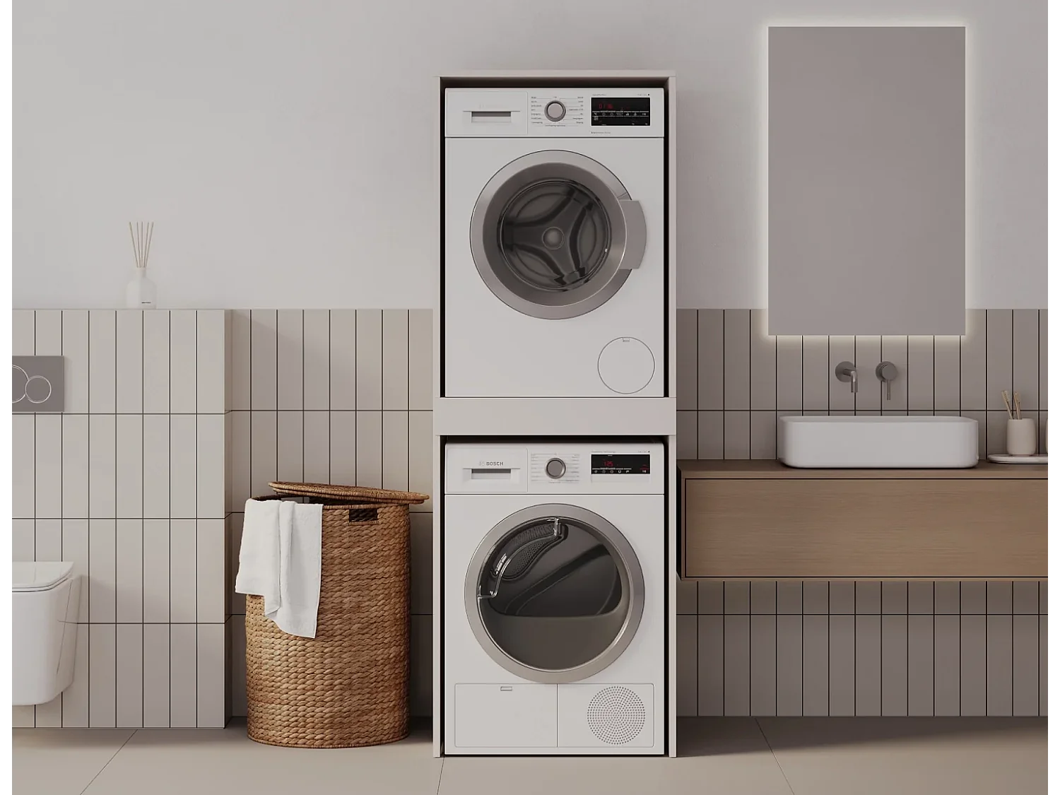 Armoire pour machine à laver et sèche-linge avec tablette coulissante • Meuble de rangement pour lave-linge et sèche-linge • Armoire de surplomb 187 x 65 x 66 cm