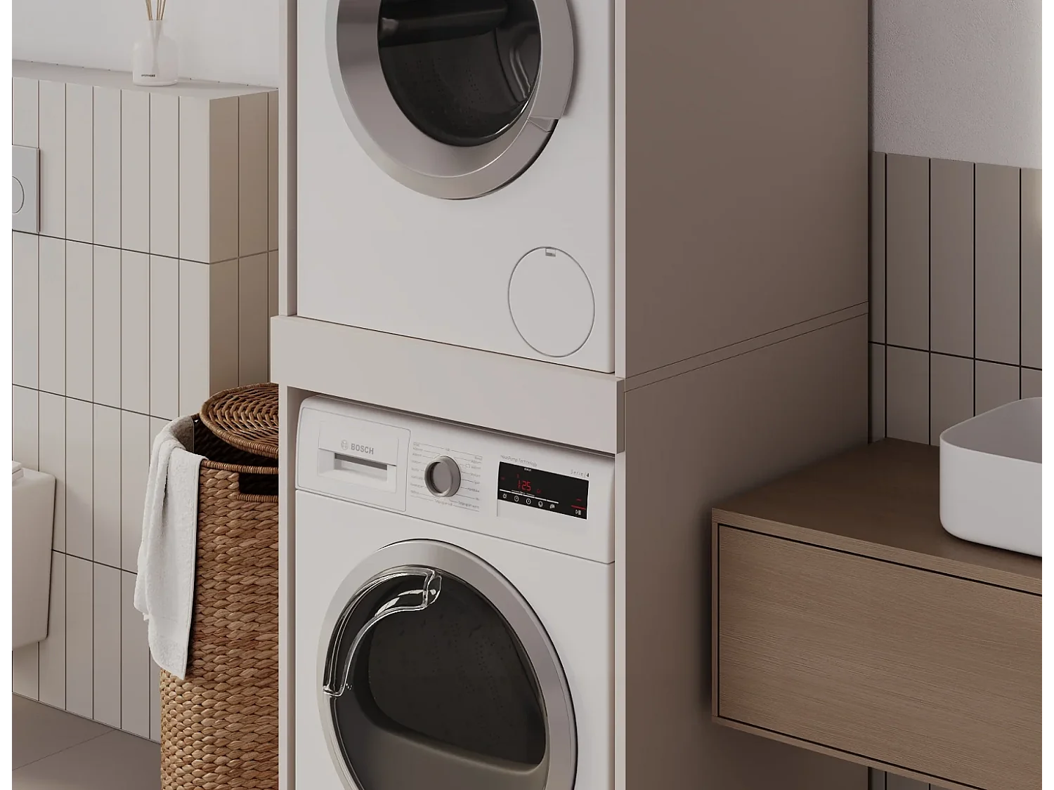 Armoire pour machine à laver et sèche-linge avec tablette coulissante • Meuble de rangement pour lave-linge et sèche-linge • Armoire de surplomb 187 x 65 x 66 cm