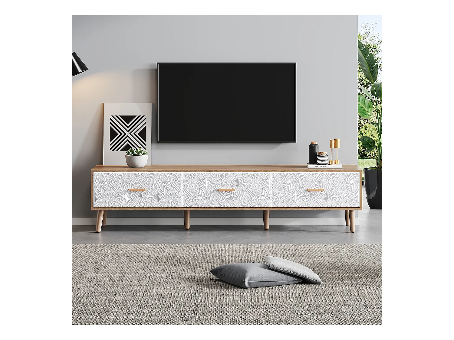 Meuble TV 150x35x39 cm avec 3 tiroirs texturés vintage - meuble de rangement ouvert - bois - marron