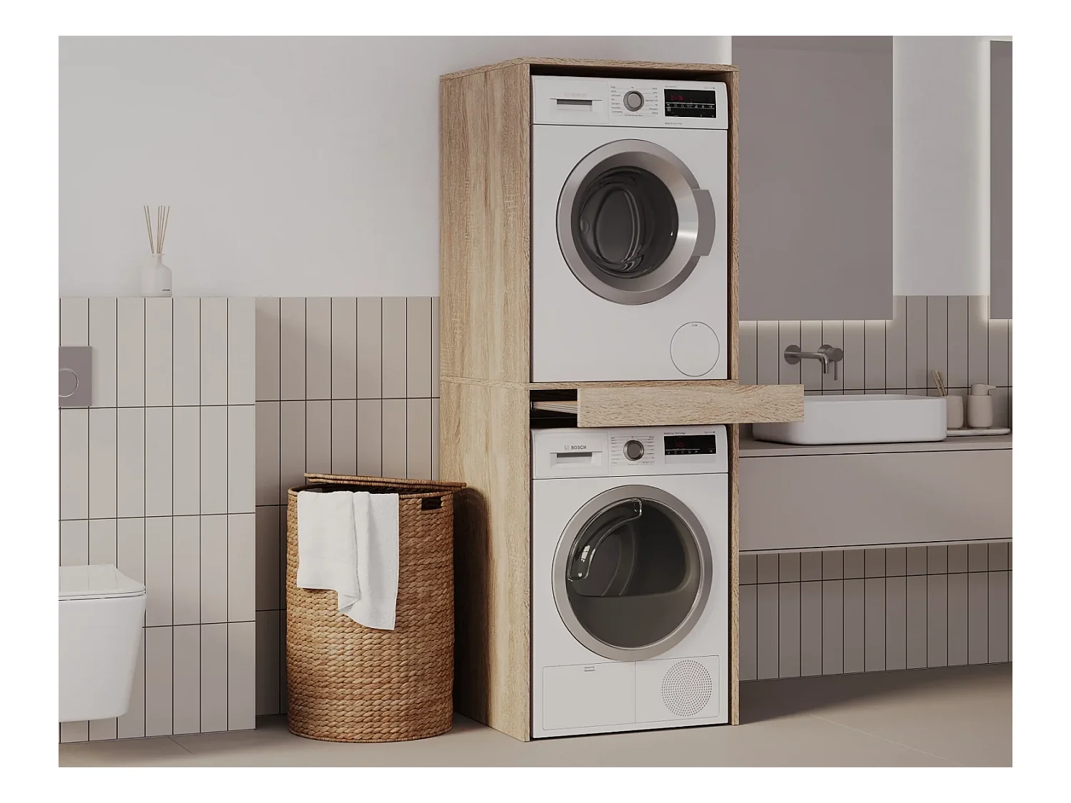 Armoire pour machine à laver et sèche-linge avec tablette coulissante • Meuble de rangement pour lave-linge et sèche-linge • Armoire de surplomb 187 x 65 x 66 cm