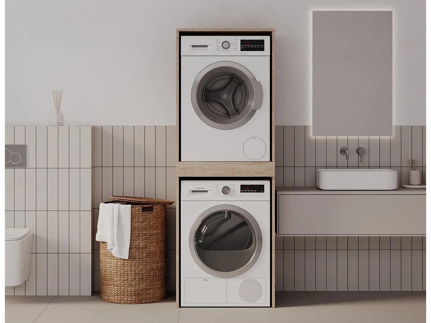 Armoire pour machine à laver et sèche-linge avec tablette coulissante • Meuble de rangement pour lave-linge et sèche-linge • Armoire de surplomb 187 x 65 x 66 cm