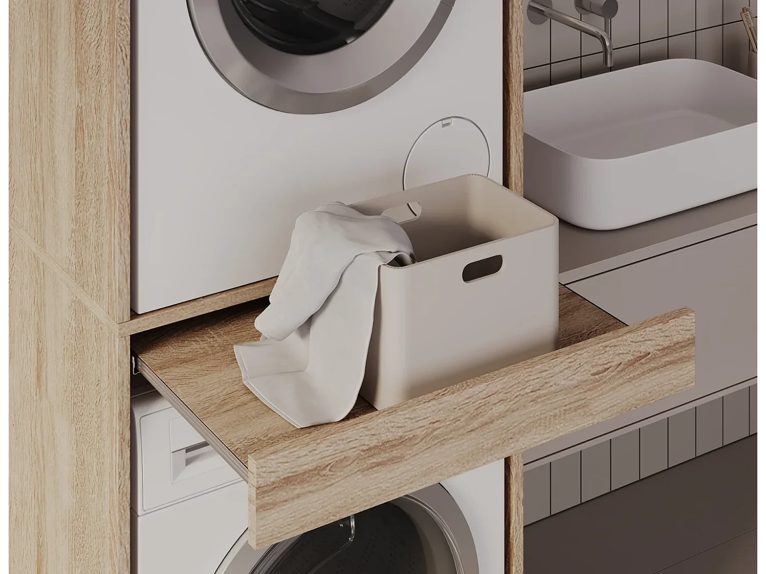 Armoire pour machine à laver et sèche-linge avec tablette coulissante • Meuble de rangement pour lave-linge et sèche-linge • Armoire de surplomb 187 x 65 x 66 cm