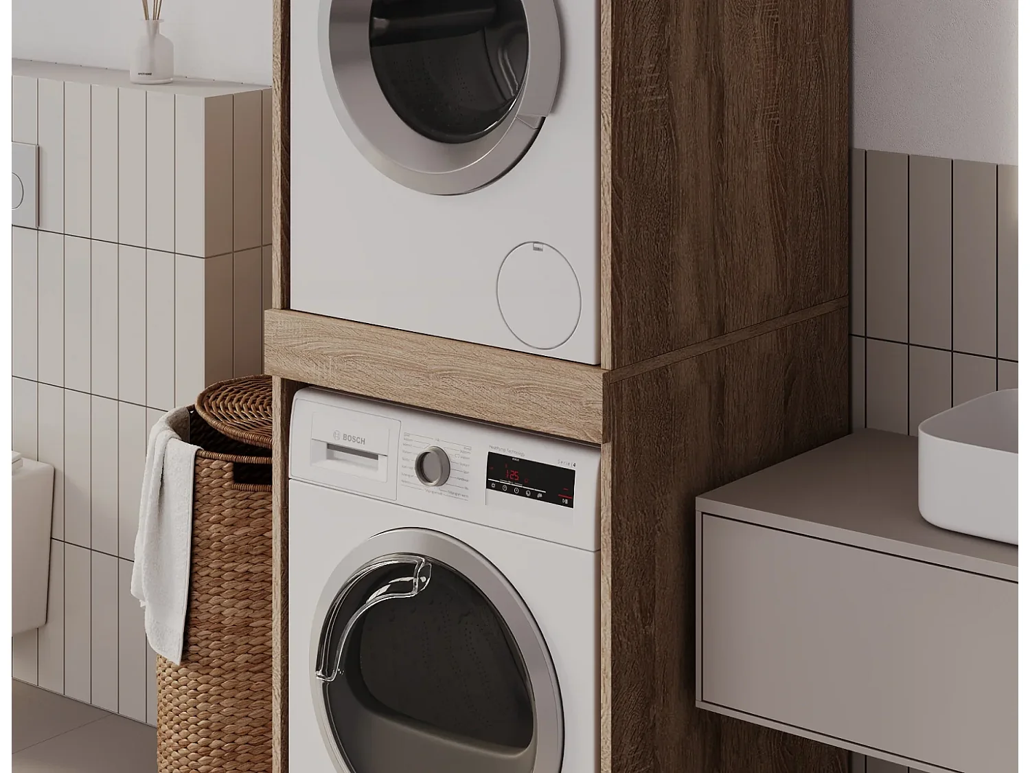 Armoire pour machine à laver et sèche-linge avec tablette coulissante • Meuble de rangement pour lave-linge et sèche-linge • Armoire de surplomb 187 x 65 x 66 cm