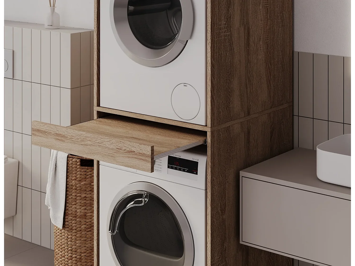 Armoire pour machine à laver et sèche-linge avec tablette coulissante • Meuble de rangement pour lave-linge et sèche-linge • Armoire de surplomb 187 x 65 x 66 cm