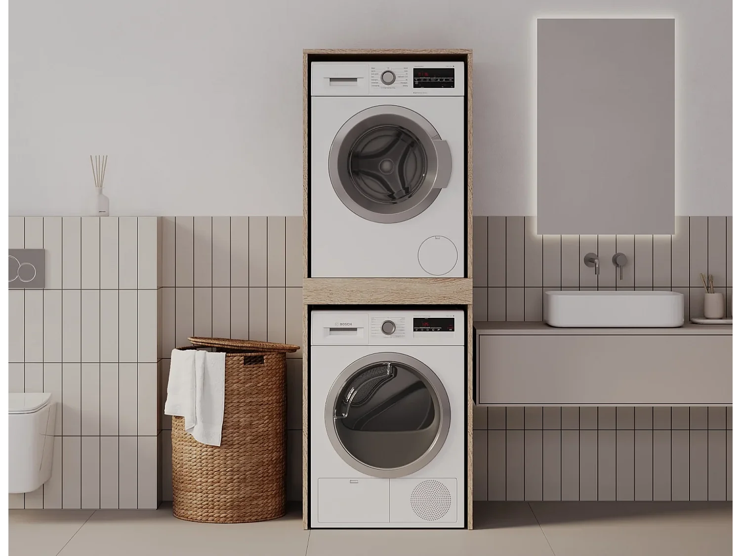 Armoire pour machine à laver et sèche-linge avec tablette coulissante • Meuble de rangement pour lave-linge et sèche-linge • Armoire de surplomb 187 x 65 x 66 cm