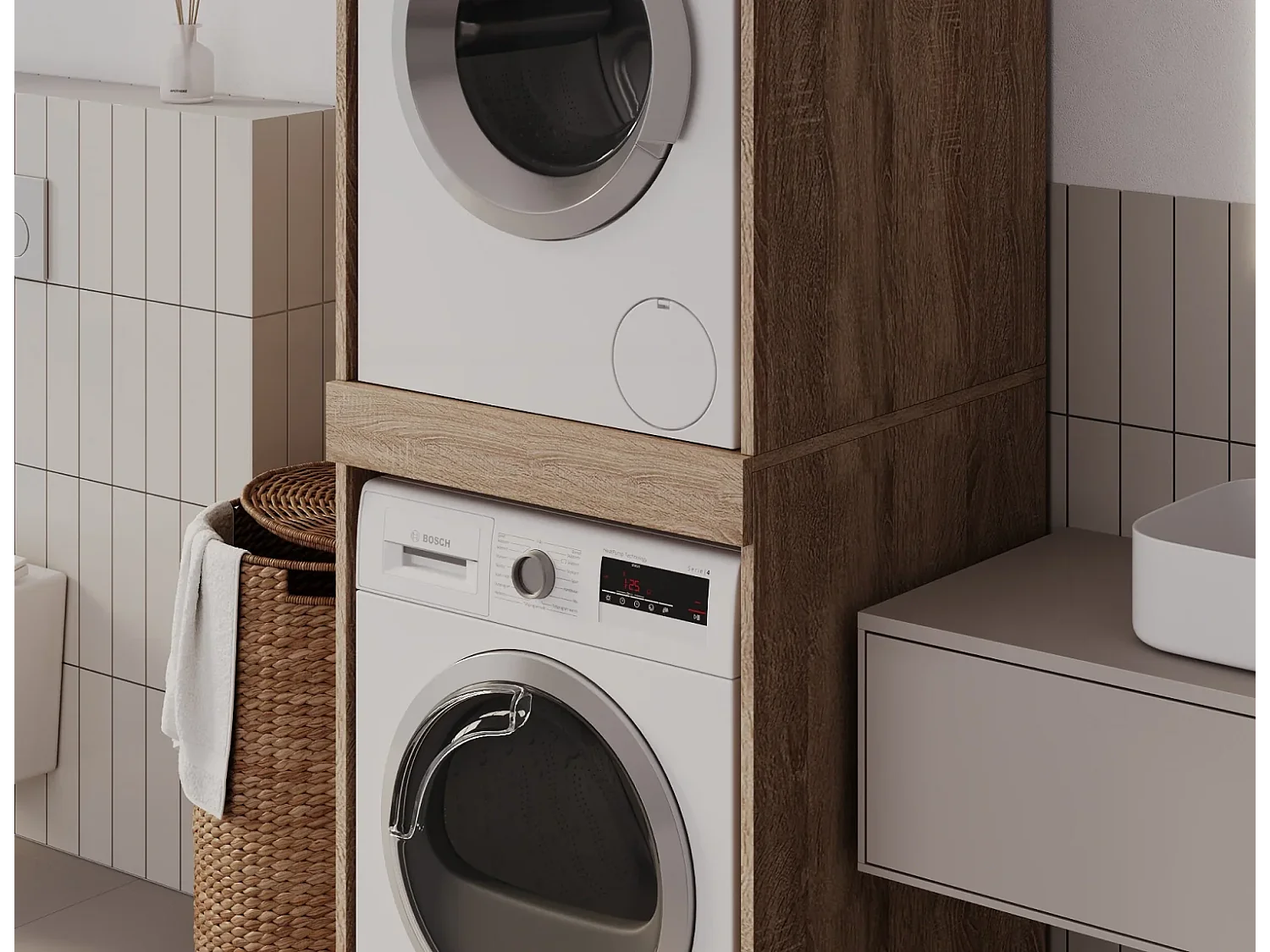 Armoire pour machine à laver et sèche-linge avec tablette coulissante • Meuble de rangement pour lave-linge et sèche-linge • Armoire de surplomb 187 x 65 x 66 cm