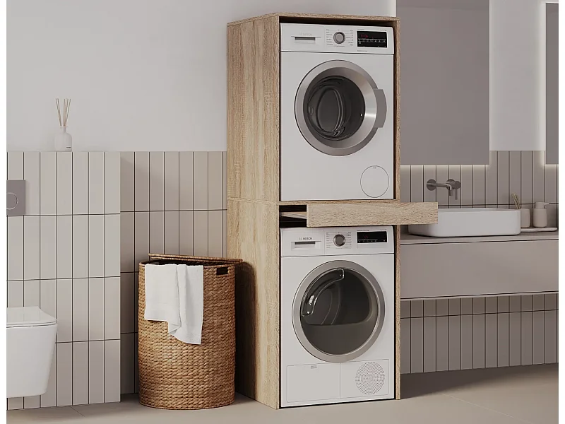 Kast voor wasmachine en droger met uittrekbaar schap • Opbergmeubel voor wasmachine en droger • Bovenkast 187 x 65 x 66 cm