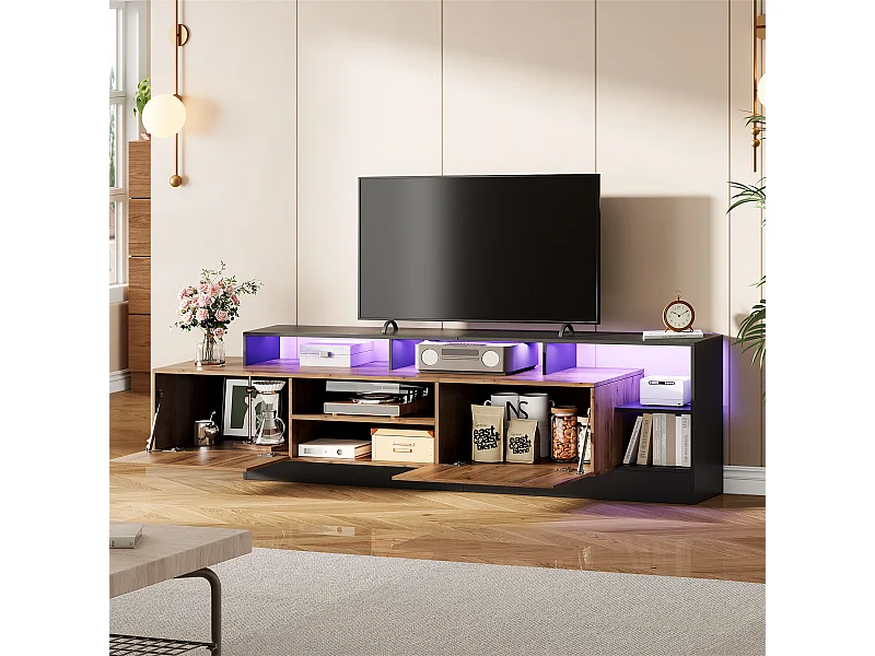 Bruine LED tv-kast met 2 klapdeuren - open houten opbergmeubel (190x40x48,5 cm)