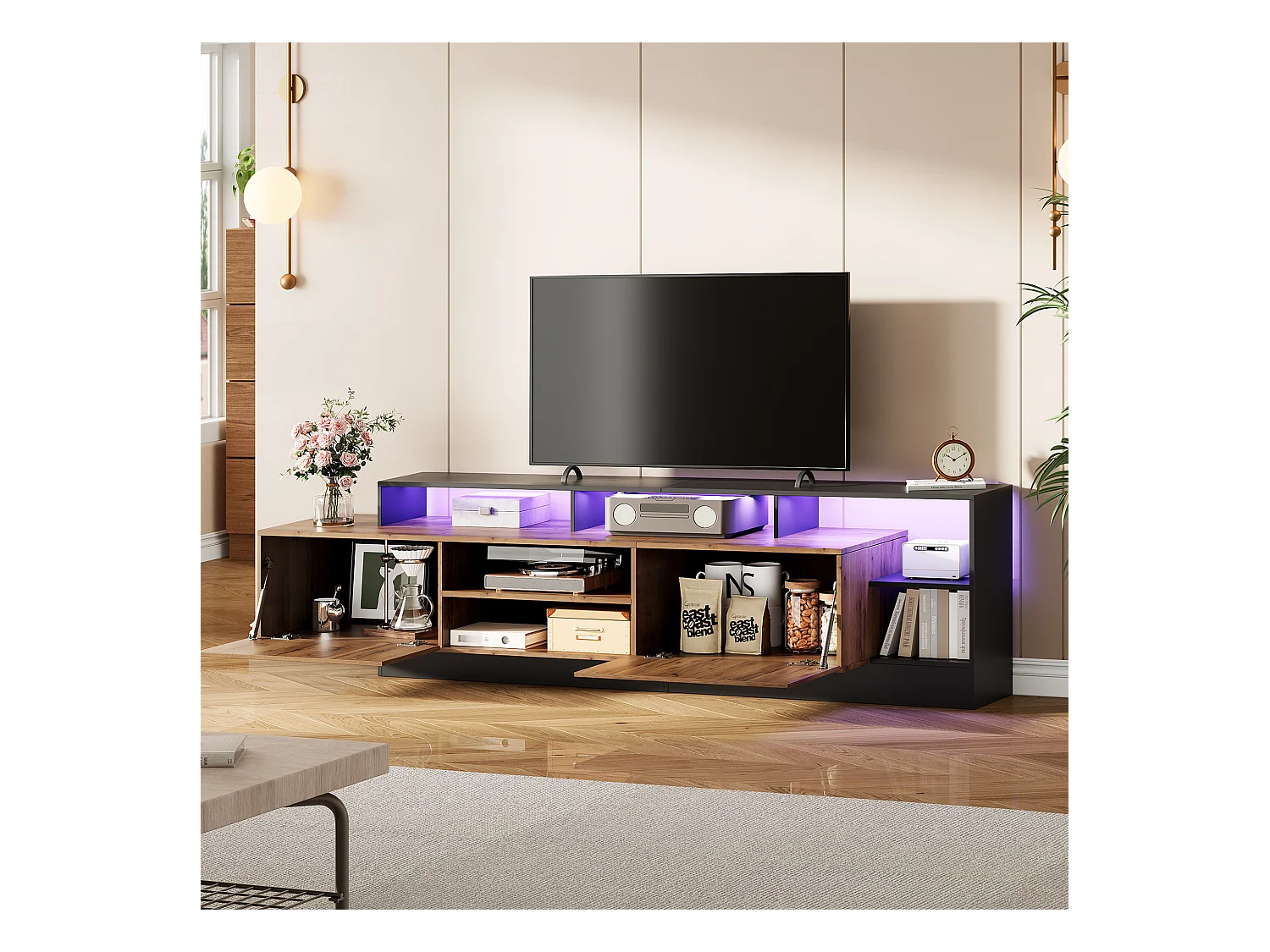 Meuble TV 2 portes battantes - LED - meuble de rangement ouvert - marron