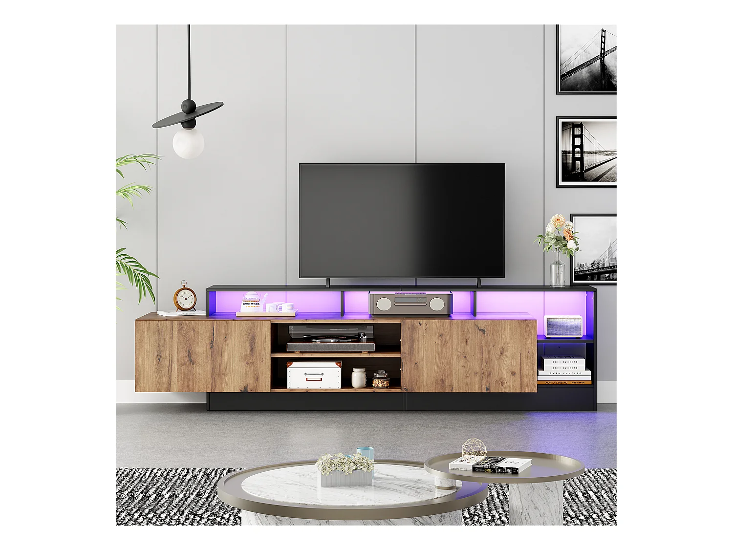 Meuble TV 2 portes battantes - LED - meuble de rangement ouvert - marron