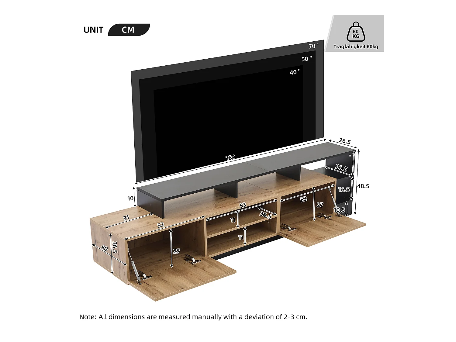 Meuble TV 2 portes battantes - LED - meuble de rangement ouvert - marron